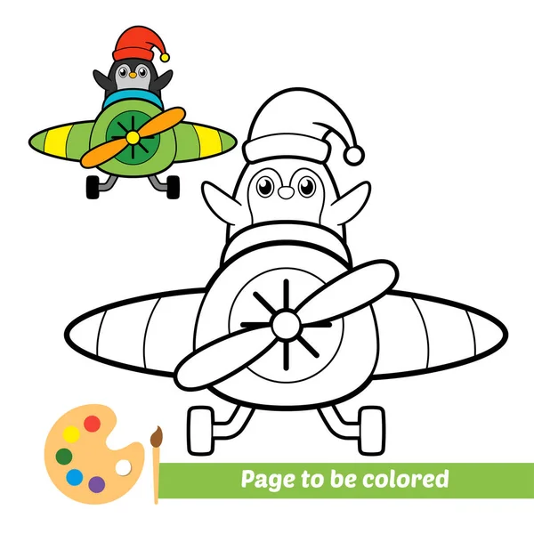 子供のためのぬり絵 飛行機のベクトルで飛ぶペンギン — ストックベクタ
