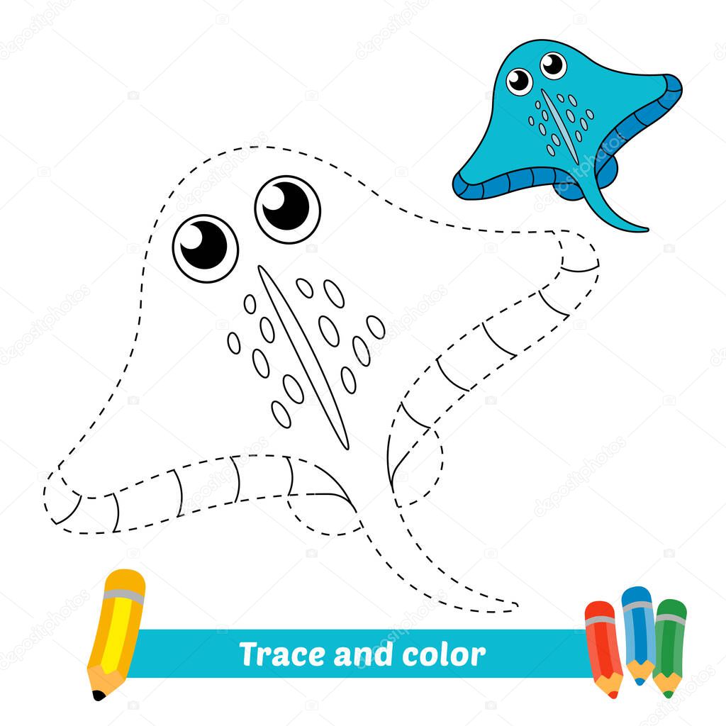 Trace and color for kids, stingray fish vector