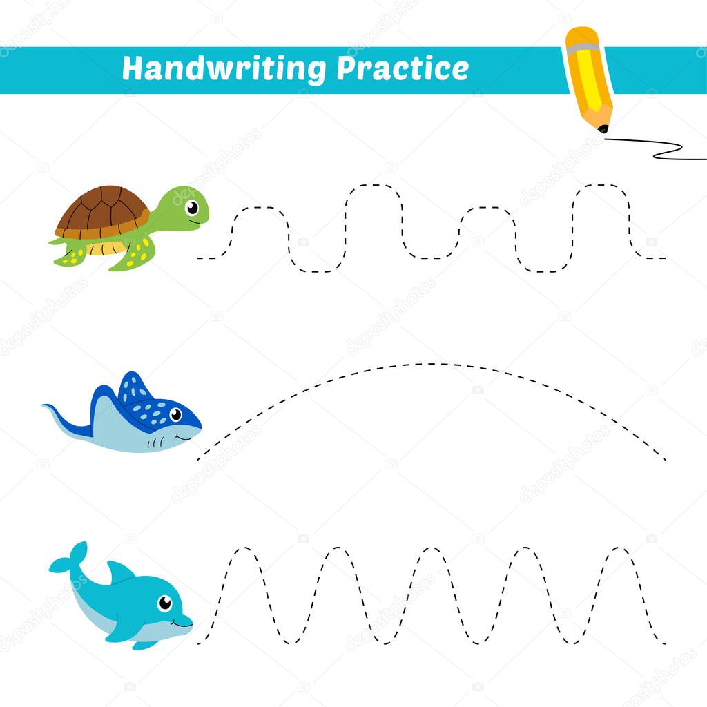 Handwriting practice for kids with turtle, stingray fish and dolphin vector