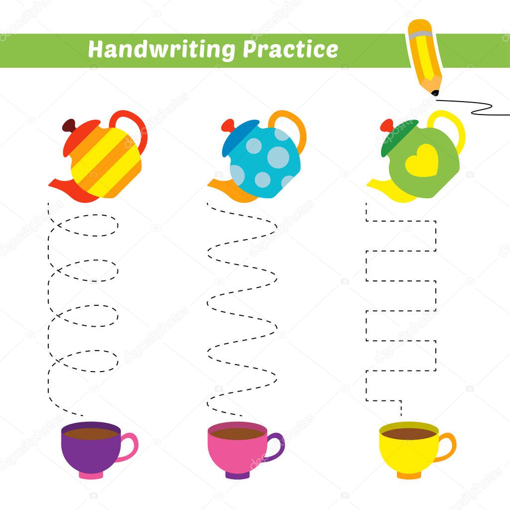 Handwriting practice for kids with tea pot and cup vector
