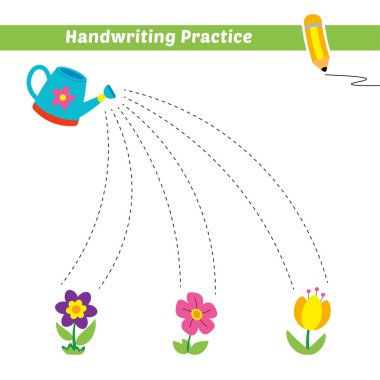 Sulama kutusu ve çiçek vektörü olan çocuklar için el yazısı alıştırması