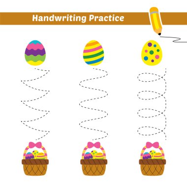 Sepeti ve paskalya yumurtası vektörü olan çocuklar için el yazısı alıştırması
