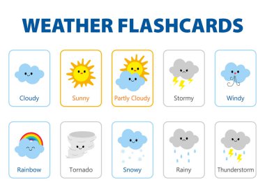 Çocuklar için hava durumu kartları, sevimli karakterlerle hava durumunu öğrenin.