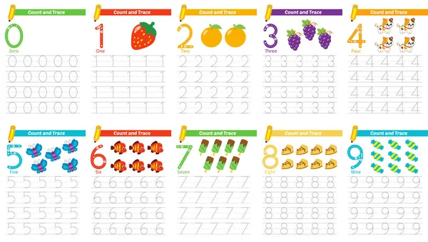 Number Trace Worksheet Kids Proportional Size — Stock Vector