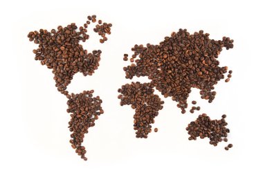 Whit 'te izole edilmiş Dünya Haritasında Kızarmış Kahve Fasulyeleri