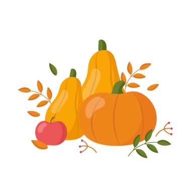 Sonbahar, balkabakları, elma ve beyaz arka planda izole edilmiş yapraklarla sakin bir hayattır. Vektör illüstrasyonu