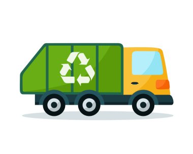 Çizgi film tarzı çöp kamyonu beyaz arka planda izole edilmiş. Vektör illüstrasyonu