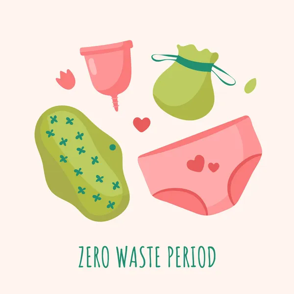 Conjunto Productos Higiene Reutilizables Período Menstrual Cero Residuos Ilustración Vectorial — Vector de stock