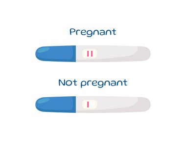 Beyaz arka planda pozitif ve negatif hamilelik testleri var. Vektör illüstrasyonu