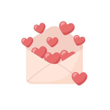 Beyaz arka planda izole edilmiş kalpleri olan açık bir zarf. Vektör illüstrasyonu