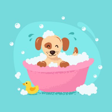 Banyo yapan sevimli bir köpek. Hayvan bakımı konsepti. Vektör illüstrasyonu