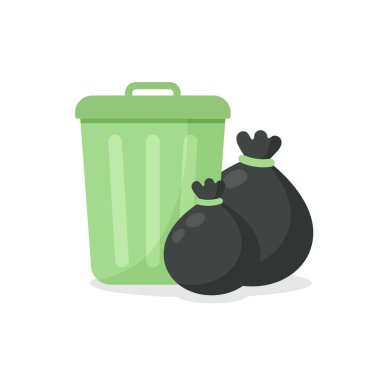 Beyaz arka planda siyah çöp torbaları olan çöp tenekesi. Vektör illüstrasyonu