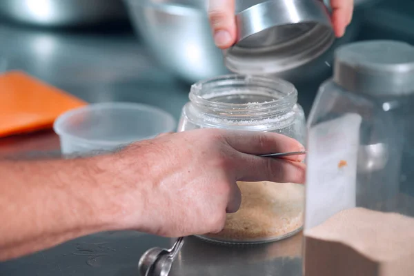 Chef Opening Bottle Yeast Pizza Dough Preparing Making Pizza — Stock Photo, Image