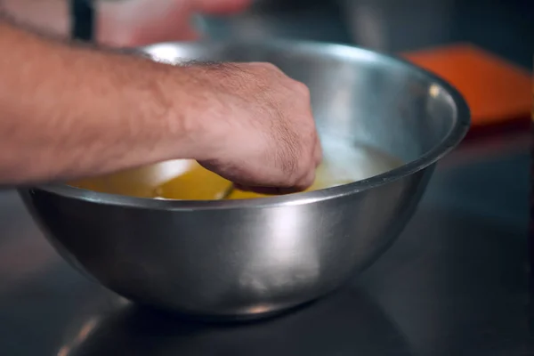 Hands Mixing Pizza Dough Ingredients Metallic Bowl Close — Stock Photo, Image
