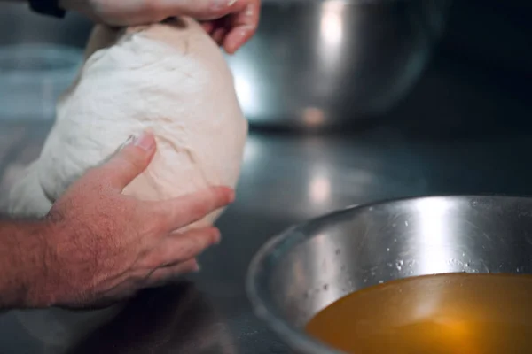 Dough Kneading Chef Metallic Table Restaurant — Stockfoto