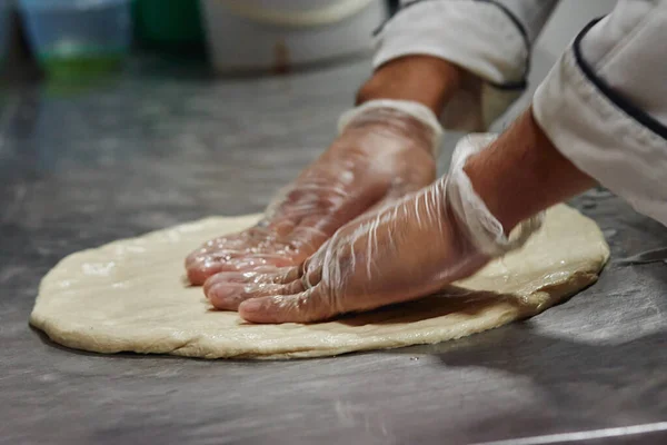 Dough Being Spread Mixed Hand Restaurant — Stockfoto