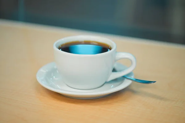 Coffee Cup Close Shot Bar Window Wooden Counter — Foto de Stock