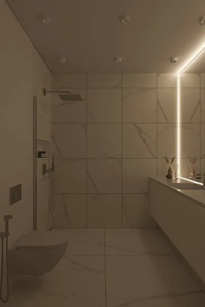 Diseño interior de un moderno cuarto de baño con ducha a ras de suelo. renderizado 3d —  Fotos de Stock