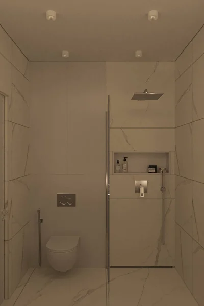 Wnętrze nowoczesnej łazienki z kabiną prysznicową. 3d renderowanie — Zdjęcie stockowe