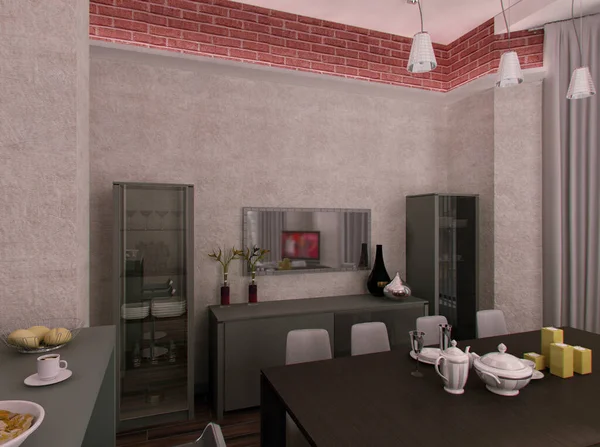 Moradia em estilo loft. Design de interiores para casa. 3d renderizar sala de jantar para inspiração — Fotografia de Stock