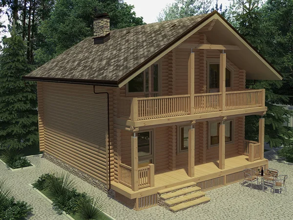 3d візуалізація архітектурного проекту дерев'яного будинку з дерев'яного будинку в лісі — стокове фото