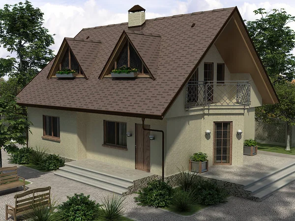 3d representación de un proyecto arquitectónico de una casa de campo privada en el bosque. Casa de campo con un piso ático — Foto de Stock