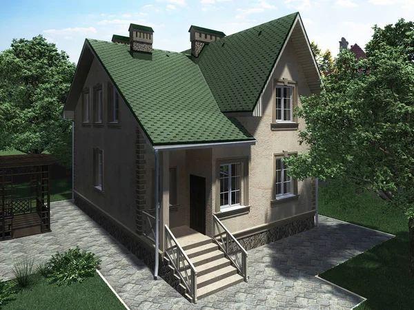 3d weergave van een architectonisch project van een landhuis in het bos. Landhuis met een groen dak Stockafbeelding
