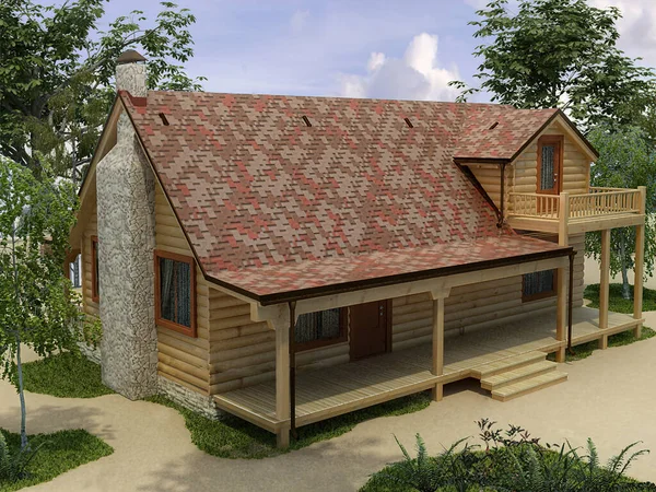 3d representación de un proyecto arquitectónico de una casa de madera de una casa de madera en el bosque. Casa de dos pisos — Foto de Stock