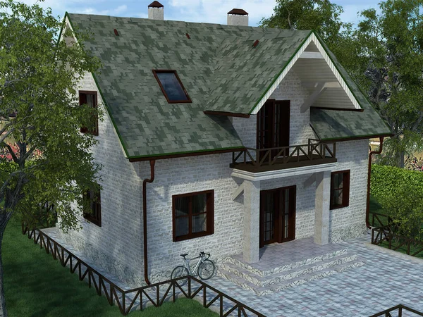 3d representación de un proyecto arquitectónico de una casa de campo en el bosque. Casa de campo con un techo verde — Foto de Stock