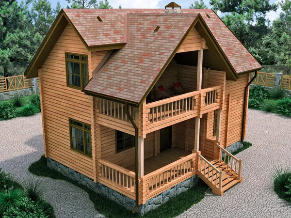 3d weergave van een architectonisch project van een houten huis uit een houten huis in het bos — Stockfoto