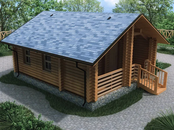 3d representación de un proyecto arquitectónico de una casa de campo privada en el bosque. Casa de campo con terraza — Foto de Stock