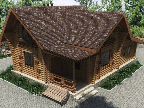 3d weergave van een architectonisch project van een particulier landhuis in het bos. Landhuis met zolderverdieping Stockafbeelding