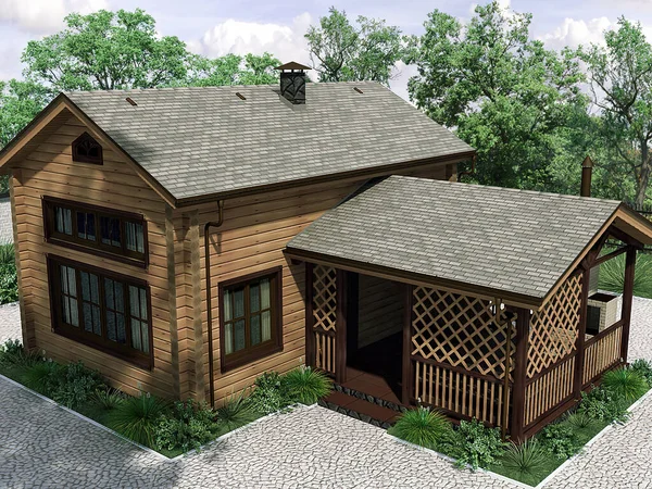 3d weergave van een architectonisch project van een houten huis uit een houten huis in het bos Rechtenvrije Stockfoto's
