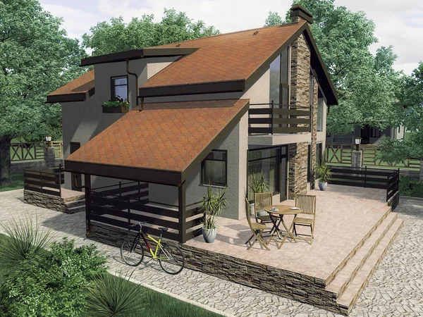 3d ilustración del concepto del proyecto arquitectónico de una casa privada. 3d renderizado de una casa de dos pisos — Foto de Stock