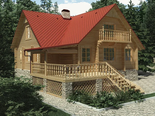 3d weergave van een architectonisch project van een houten huis uit een houten huis in het bos — Stockfoto