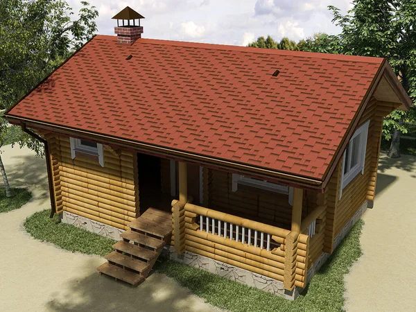3d weergave van een architectonisch project van een houten huis uit een houten huis in het bos. Rechtenvrije Stockafbeeldingen
