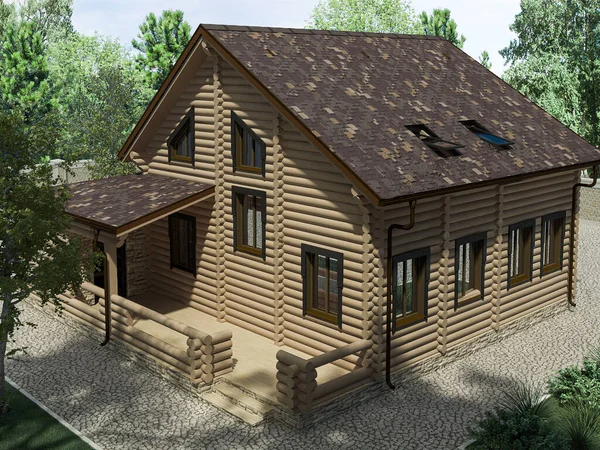 3d rendering van een architectonisch project van een houten huis uit een houten huis in de bossen — Stockfoto