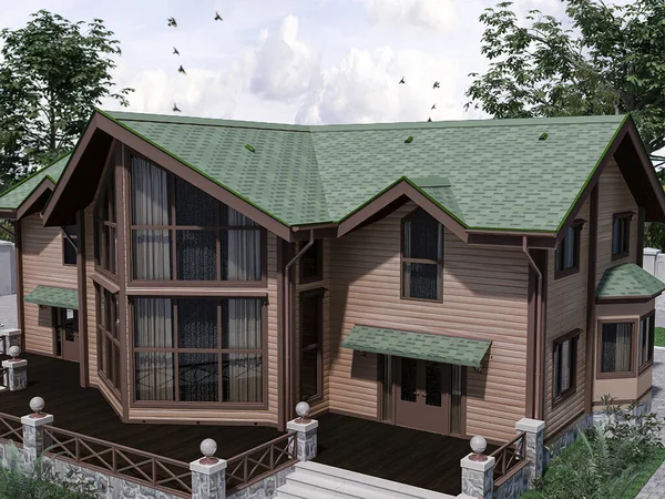 3d weergave van een architectonisch project van een landhuis in het bos. Landhuis met een groen dak Stockafbeelding