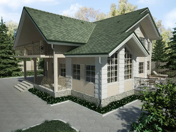 3d weergave van een architectonisch project van een landhuis in het bos. Landhuis met een groen dak Stockfoto