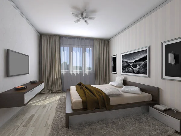 3d render of the master bedroom interior concept with built-in wardrobe. 3d illustration of a traditional master bedroom in light, soft colors