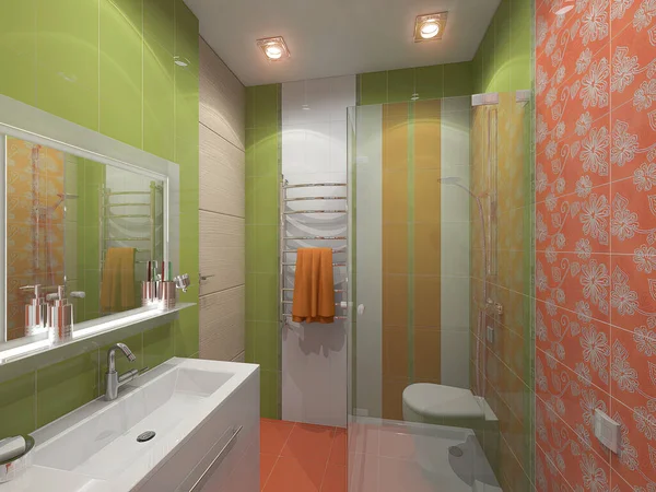 浴室的电子室内设计 3D渲染一个明亮的绿色和橙色浴室 3D小淋浴房图解 — 图库照片