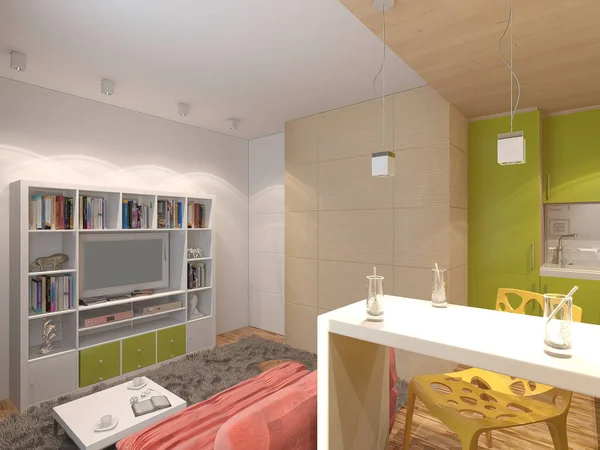 Design Illustration Living Room Combined Kitchen Small Apartment Kitchen Interior — Stock Photo, Image