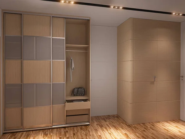 E-design illustration of a corridor in a small apartment. Interior design of a childrens room in a smart apartment. 3d render of a hallway interior in a modern apartment with a large wardrobe