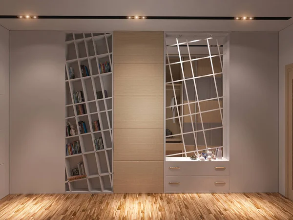一个小公寓走廊的电子设计说明 智能公寓中儿童房的室内设计 在一个有大衣柜的现代化公寓里建造一个走廊内部的3D渲染 — 图库照片