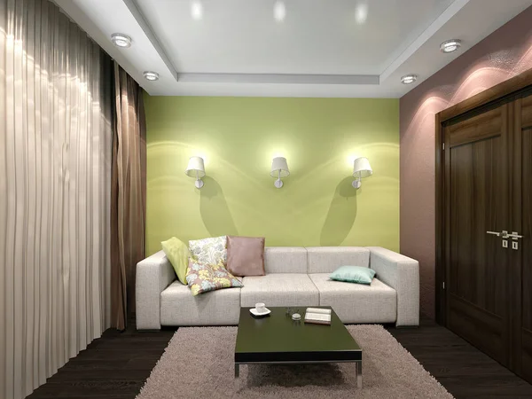 室内插图展示了一个现代主题的客房设计 3D渲染的客房与家具 插图和室内设计 该项目包括家具和家具供应 — 图库照片