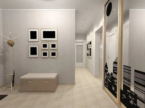 3D illustration of the interior design of the hallway. 3D rendering of the interior in a traditional modern style. Idea, concept of corridor design