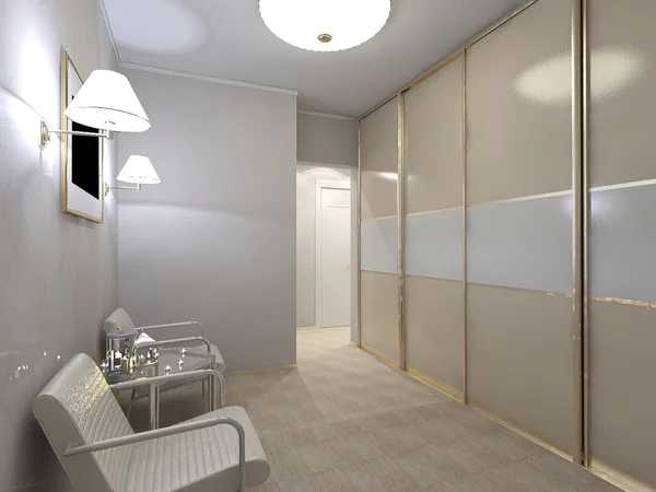 3D illustration of the interior design of the hallway. 3D rendering of the interior in a traditional modern style. Idea, concept of corridor design