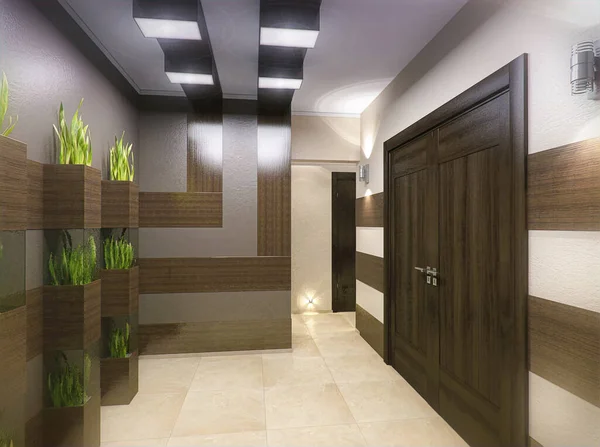 3d illustration of the interior design of the hallway in a wooden style. 3D rendering of the interior in a futuristic style. Idea, concept of corridor design
