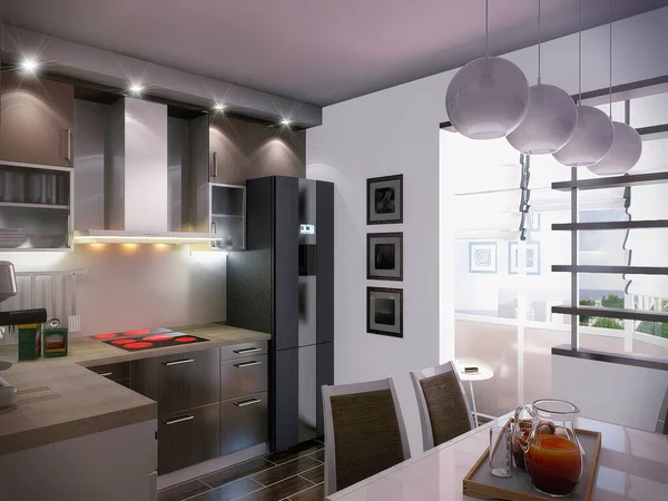 Weergave Van Een Moderne Keuken Een Stadsappartement Keuken Interieur Met — Stockfoto