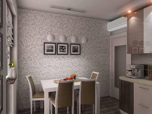 Rendering Una Cucina Moderna Appartamento Città Cucina Interior Design Con — Foto Stock